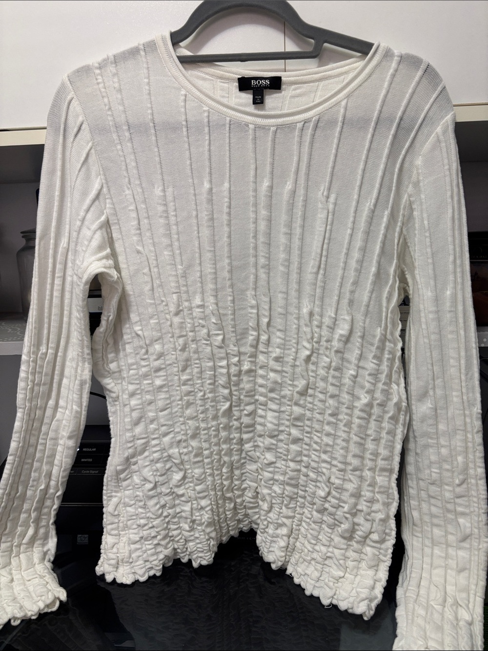 BOSS White Ribbed Textured Long-Sleeve Top